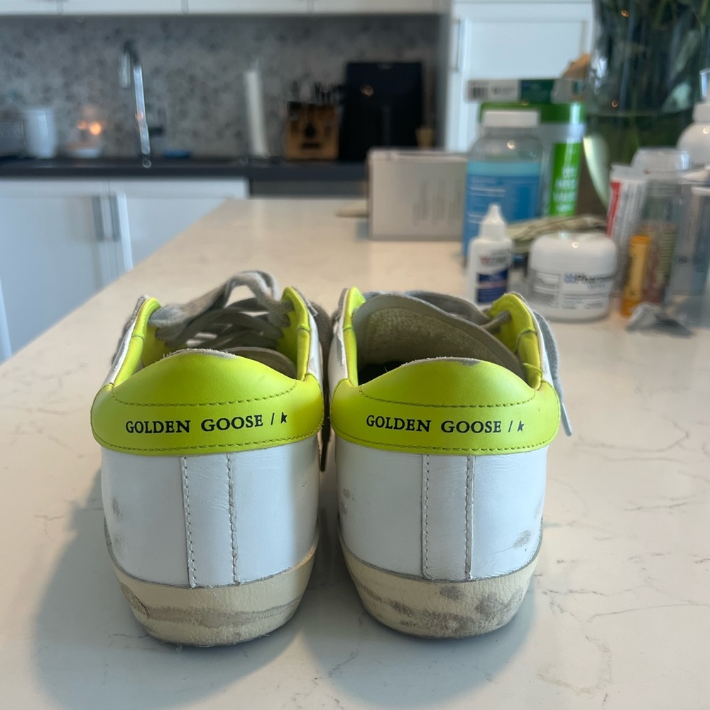 Golden Goose White Sneakers with Gray Star and Neon Yellow Heel - Picture 9 of 13